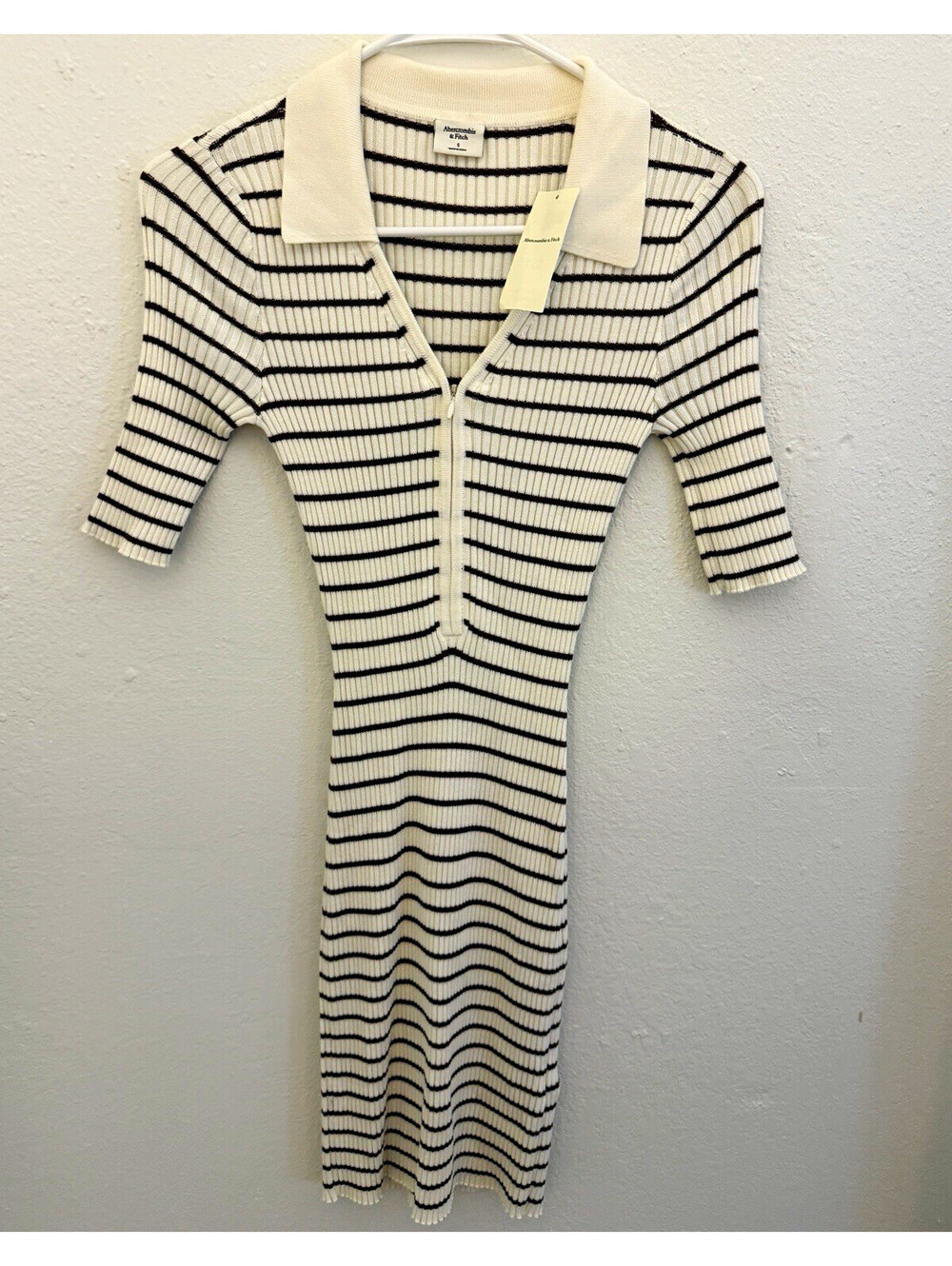 Abercrombie & Fitch NWT Size Small Striped Ribbed Knit Polo Midi Dress Cream